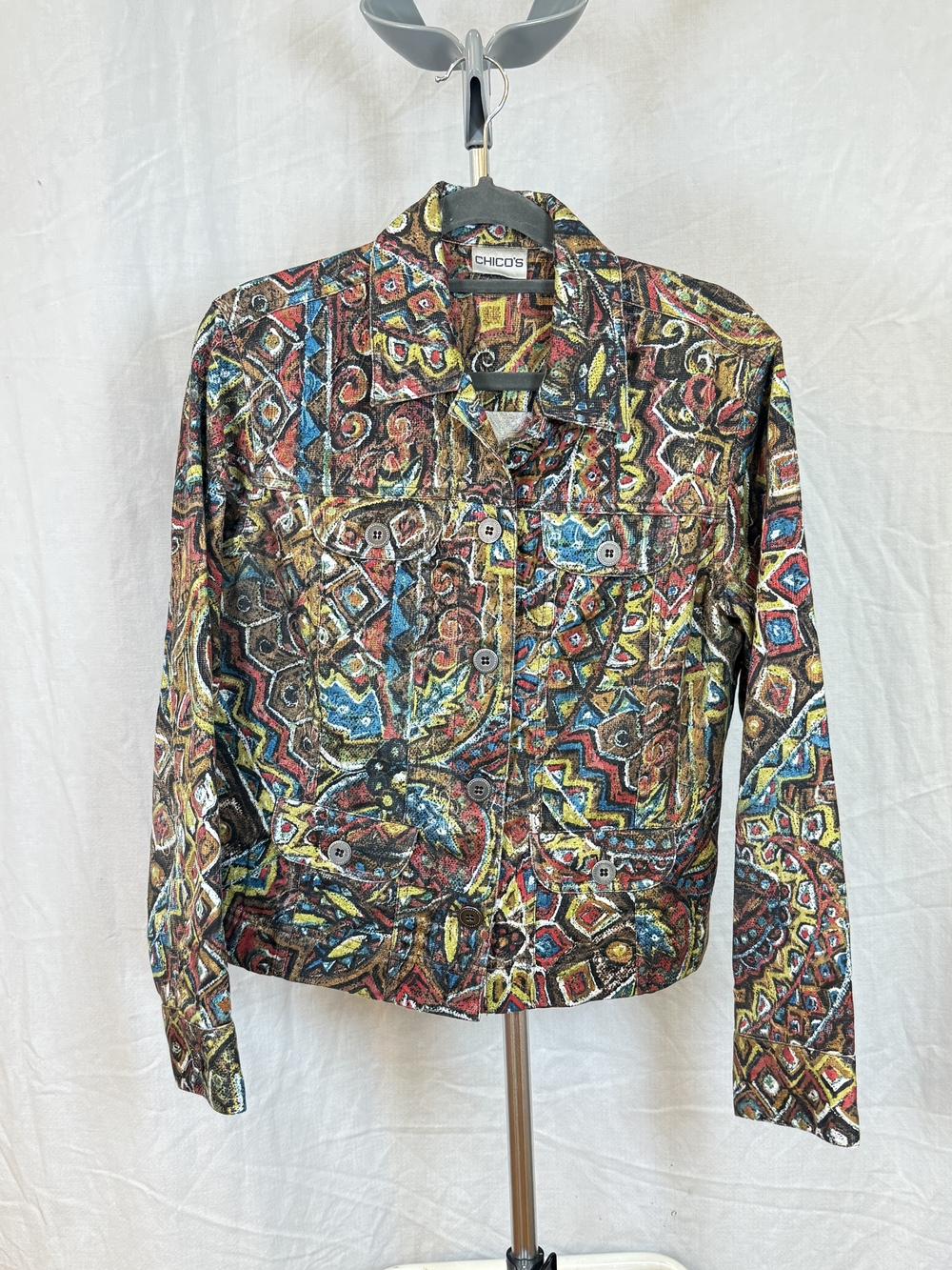 Chico's Multicolor Printed Jean Style Jacket Art To Wear sz 4-6 (chico's sz 0)